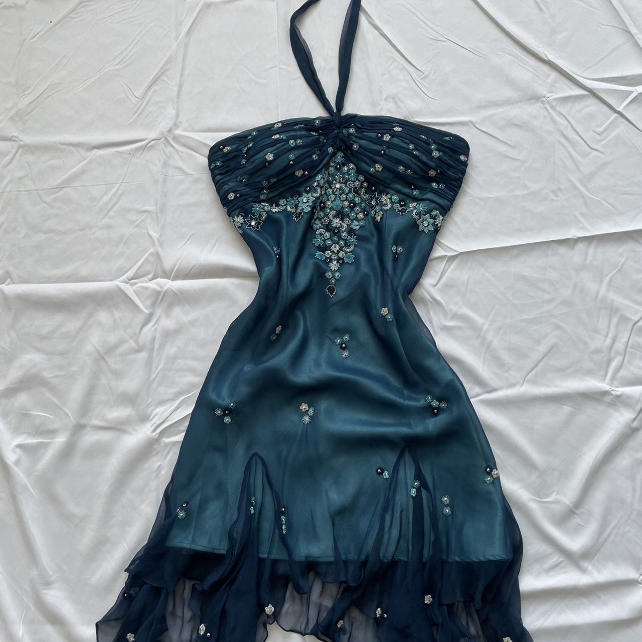Blue Floral Beaded Short Halter Chiffon Homecoming Dress Birthday Party Dress