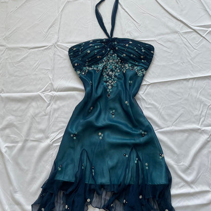 Blue Floral Beaded Short Halter Chiffon Homecoming Dress Birthday Party Dress