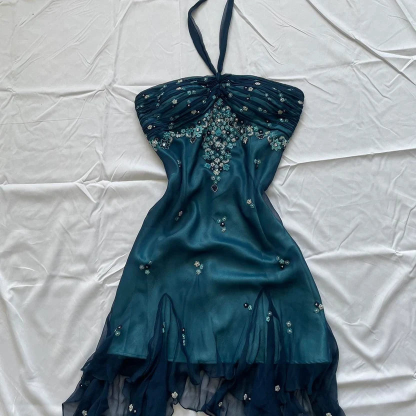 Blue Floral Beaded Short Halter Chiffon Homecoming Dress Birthday Party Dress LTP82642