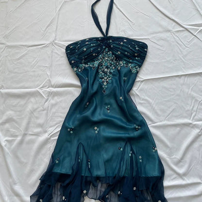 Blue Floral Beaded Short Halter Chiffon Homecoming Dress Birthday Party Dress LTP82642