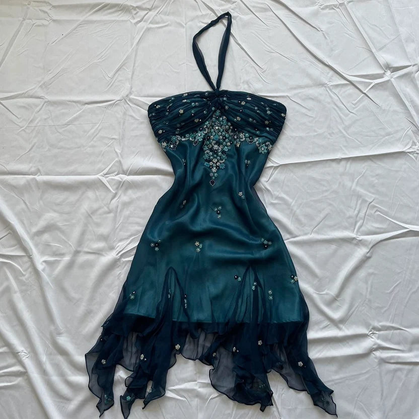 Blue Floral Beaded Short Halter Chiffon Homecoming Dress Birthday Party Dress LTP82642