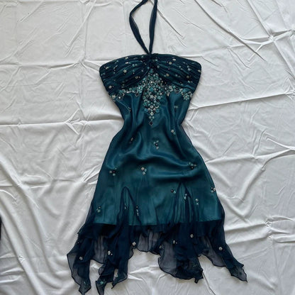 Blue Floral Beaded Short Halter Chiffon Homecoming Dress Birthday Party Dress LTP82642