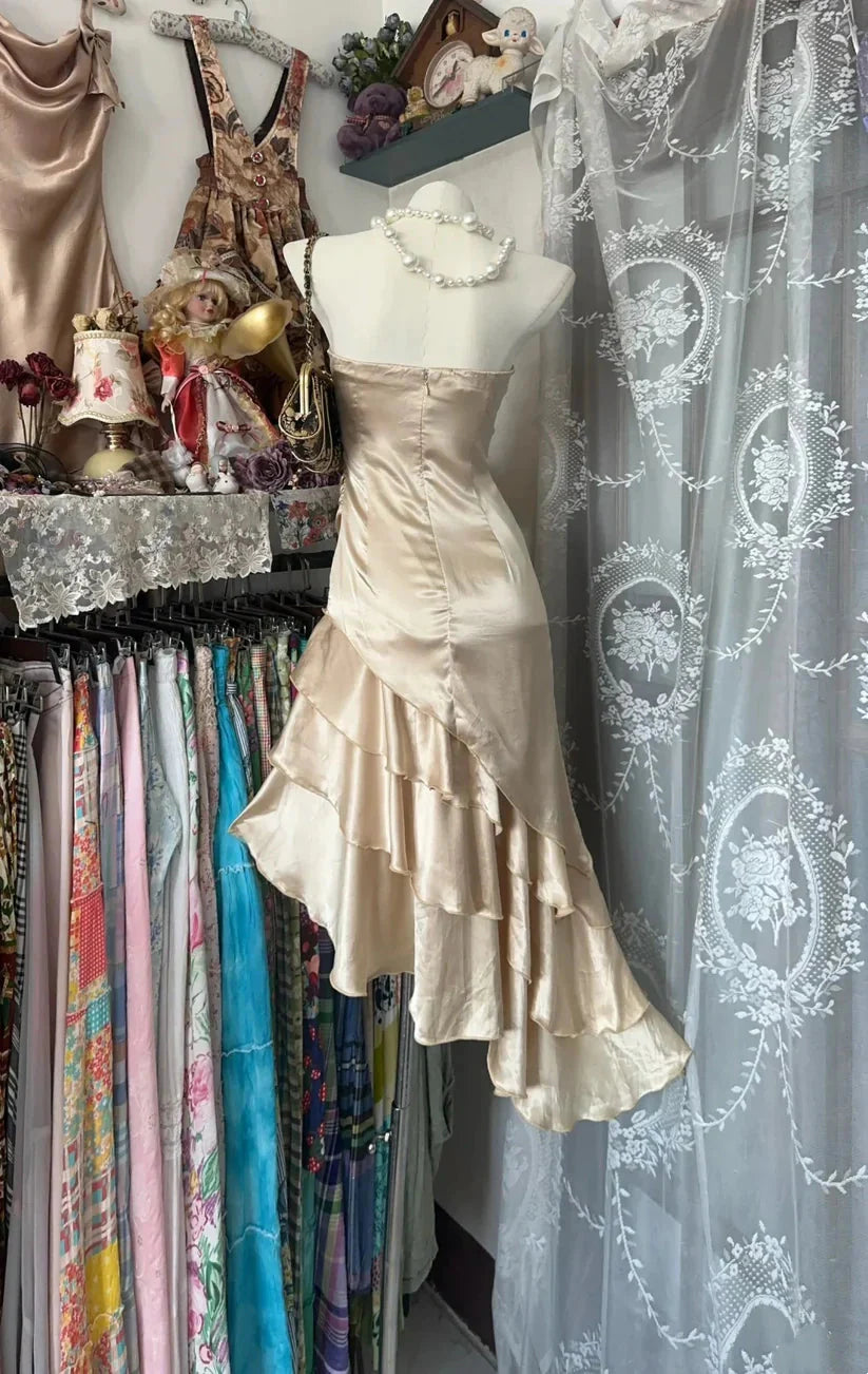 Champagne Short Ruffle Satin Homecoming Dress Birthday Dress