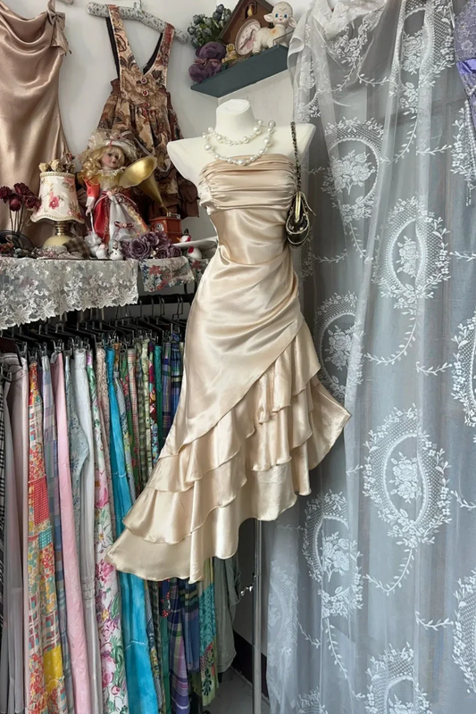 Champagne Short Ruffle Satin Homecoming Dress Birthday Dress