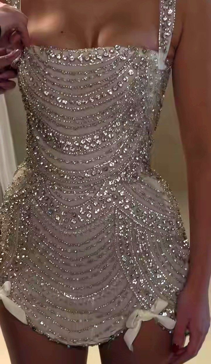 Glitter Champagne Tulle Beaded Birthday Outfits Short Sheath Homecoming Dress Cocktail Dress