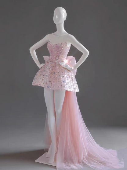 Glitter Strapless Tulle Beaded Mini Birthday Dress Pink Homecoming Dress With Bow