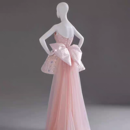 Glitter Strapless Tulle Beaded Mini Birthday Dress Pink Homecoming Dress With Bow