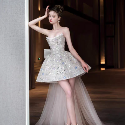 Glitter Strapless Tulle Beaded Mini Birthday Dress Pink Homecoming Dress With Bow