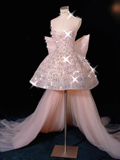 Glitter Strapless Tulle Beaded Mini Birthday Dress Pink Homecoming Dress With Bow