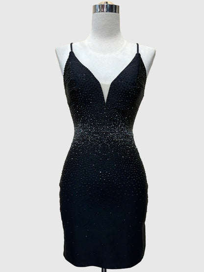 Sheath Beaded Satin Homecoming Dress with Side Slit