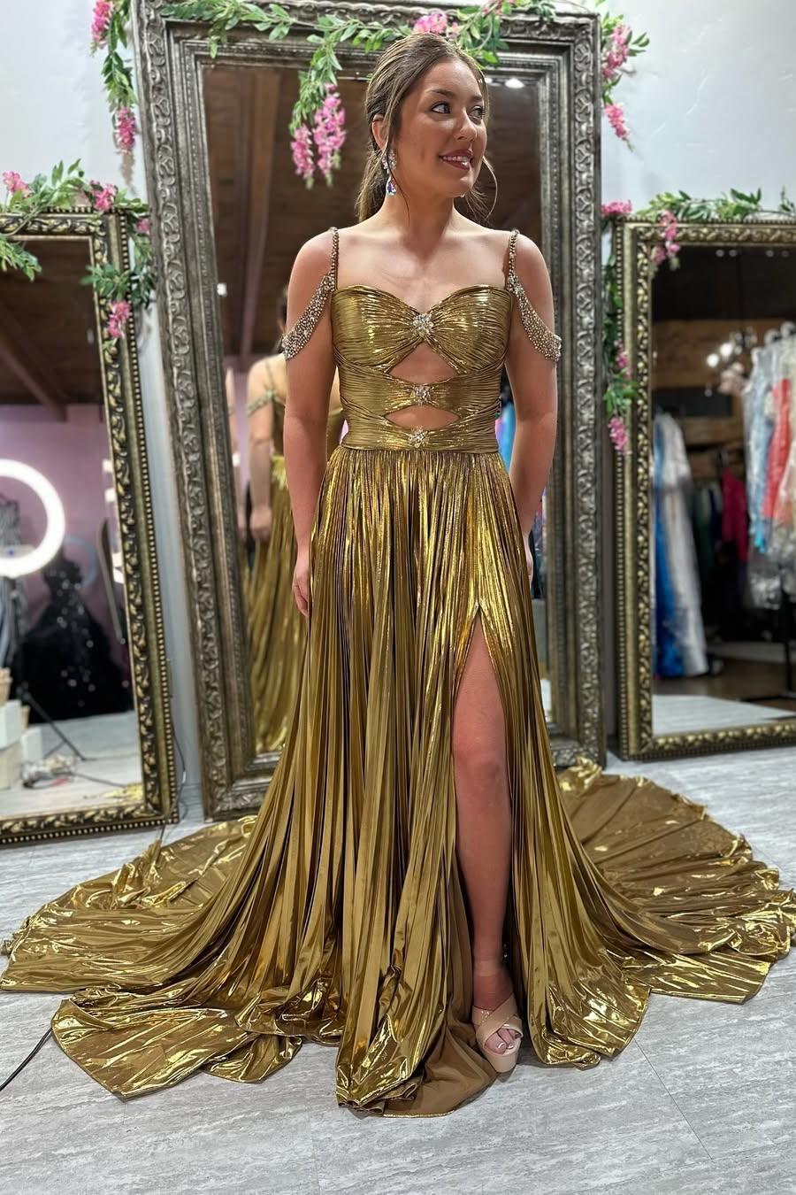 Off the Shoulder Gold Metallic Pleated Long Formal Gown