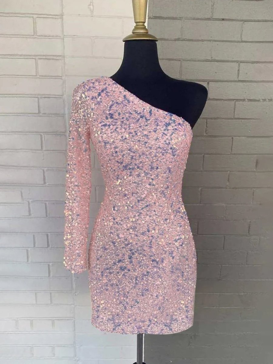 Gorgeous Glitter One Shoulder Black Sequins Mini Party Dresses