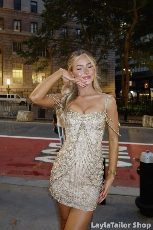 Luxury Champagne Gold Beaded Homecoming Dress Tight Party Gown