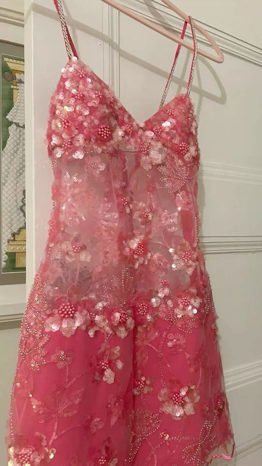 Gorgeous Spaghetti Straps Sequin Short Birthday Outfits Pink Graduation Homecoming Dress