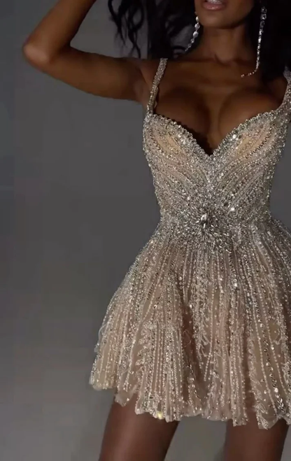 Gorgeous Tulle Beaded A Line Cocktail Dress Champagne Short Homecoming Dress