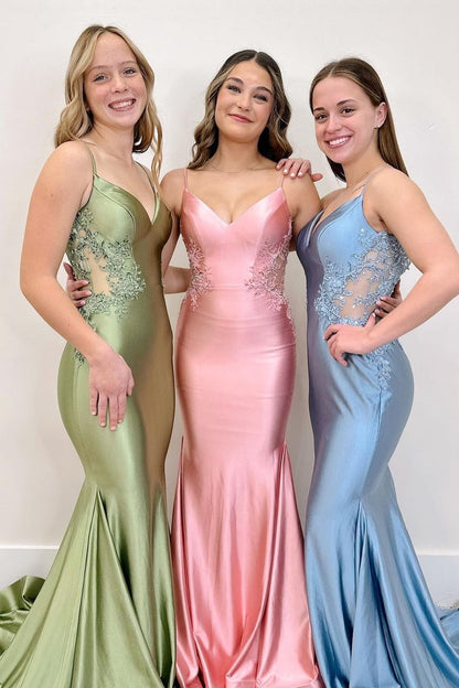 Spaghetti Straps Light Blue Appliques Mermaid Formal Dress