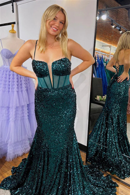 Dark Green Sequin Trumpet Long Prom Dresses