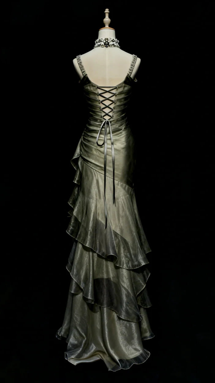 Green/Champagne Vintage Elegant Long Lace Ruffle Prom Dress Evening Dress,LTP4462