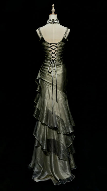 Green/Champagne Vintage Elegant Long Lace Ruffle Prom Dress Evening Dress,LTP4462