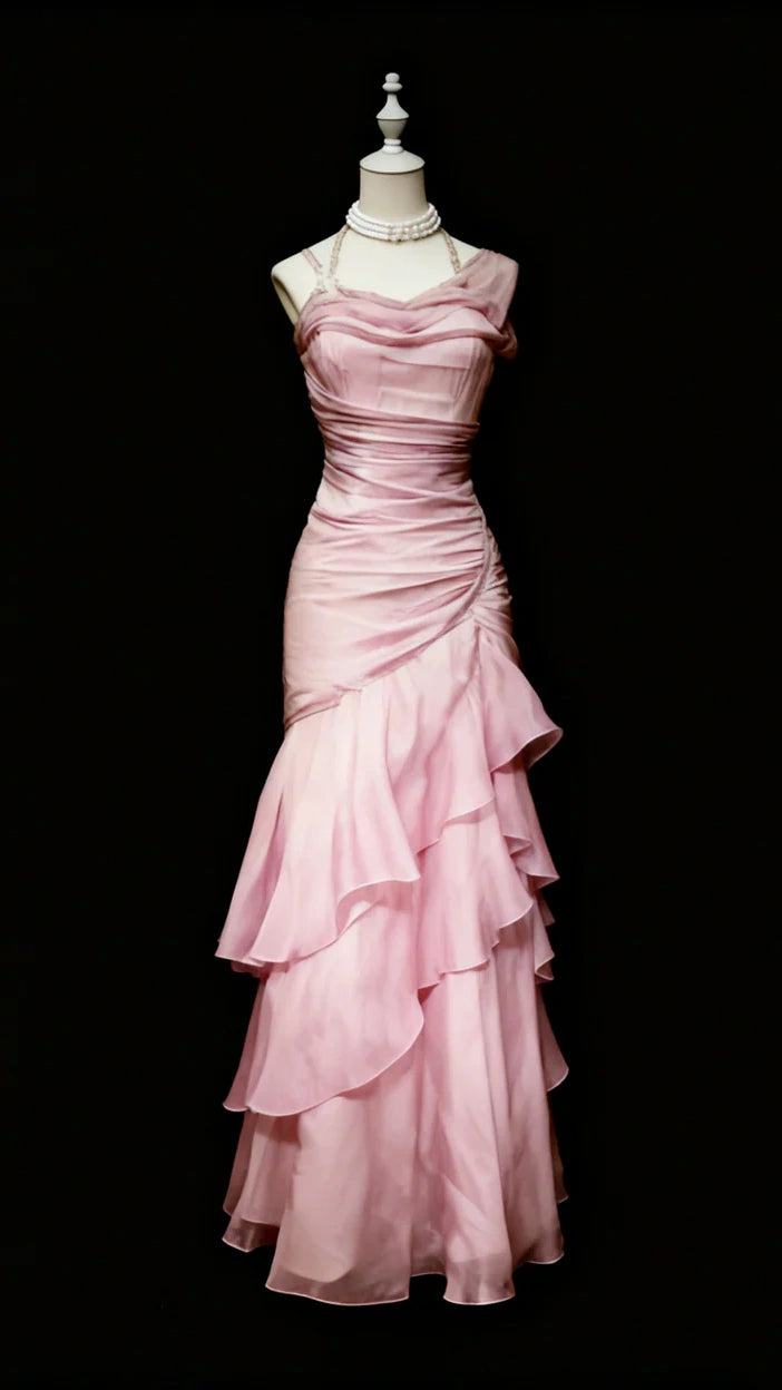 Green/Champagne Vintage Elegant Long Lace Ruffle Prom Dress Evening Dress,LTP4462