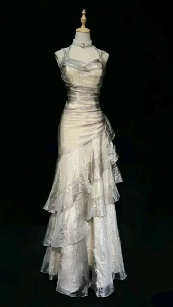 Green/Champagne Vintage Elegant Long Lace Ruffle Prom Dress Evening Dress,LTP4462