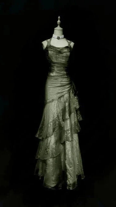 Green/Champagne Vintage Elegant Long Lace Ruffle Prom Dress Evening Dress,LTP4462