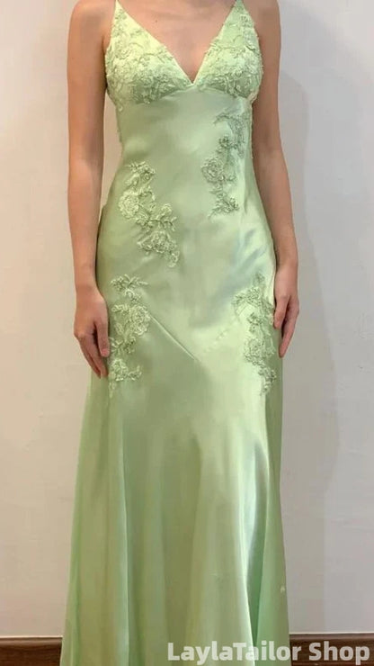 Elegant Sage Green Satin Maxi Prom Dress with Lace Appliques