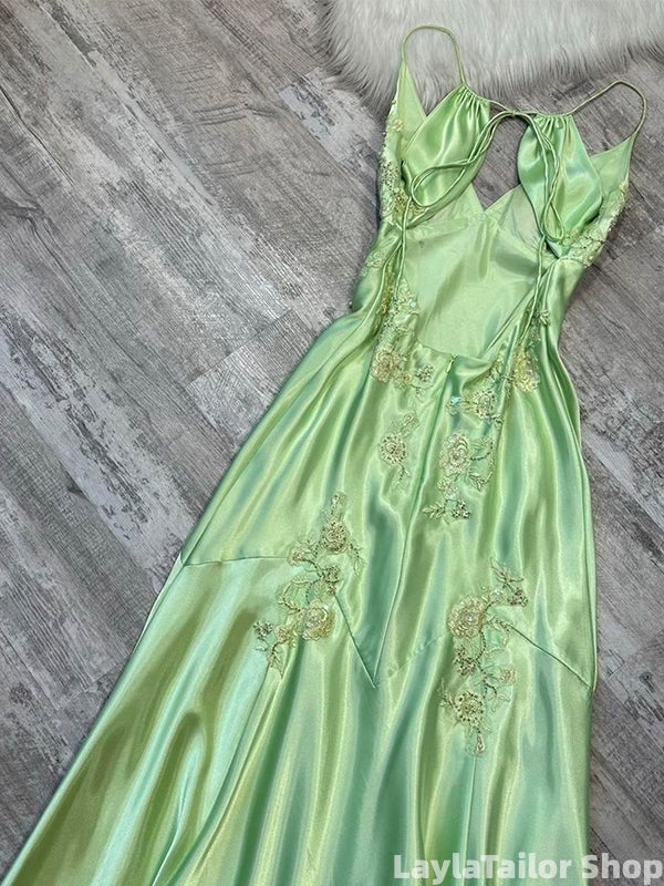 Elegant Sage Green Satin Maxi Prom Dress with Lace Appliques