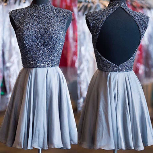 Grey beads sparkly high neck open back vintage elegant homecoming prom dress