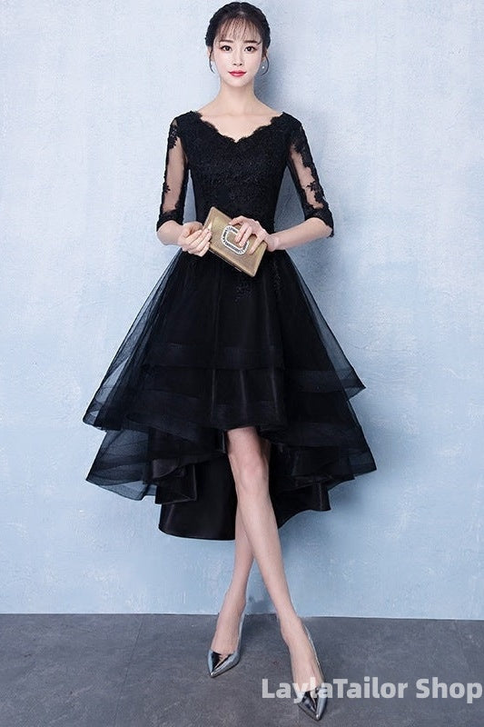 High Low Black V-Neckline Short Sleeves Homecoming Dress, Black Prom Dress