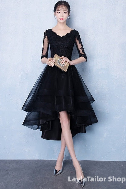 High Low Black V-Neckline Short Sleeves Homecoming Dress, Black Prom Dress