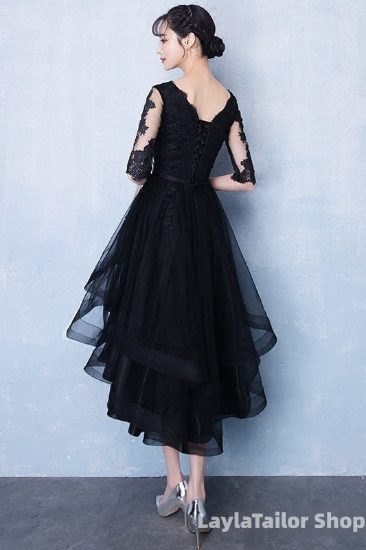 High Low Black V-Neckline Short Sleeves Homecoming Dress, Black Prom Dress