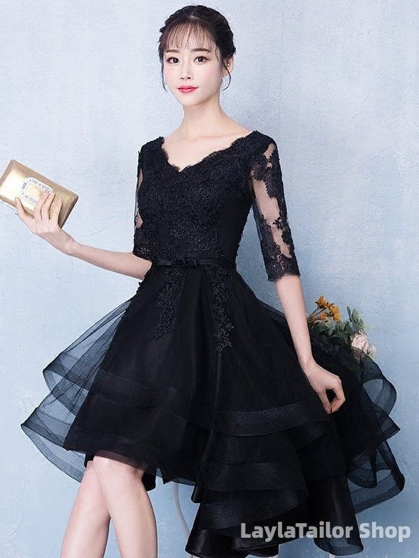 High Low Black V-Neckline Short Sleeves Homecoming Dress, Black Prom Dress