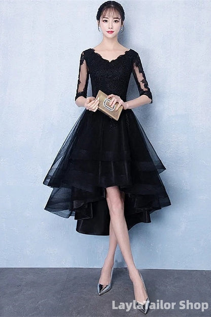 High Low Black V-Neckline Short Sleeves Homecoming Dress, Black Prom Dress