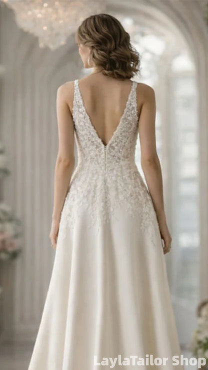 Elegant Ivory V-neck A-line High-Low Lace Wedding Dress