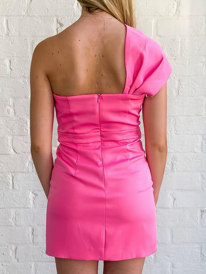 Hot Pink Bowknot Satin Homecoming Dresses One Shoulder Cocktail Dresses
