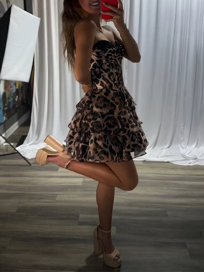 Leopard - Strapless Leopard Print Chiffon A Line Homecoming Dress With Beading