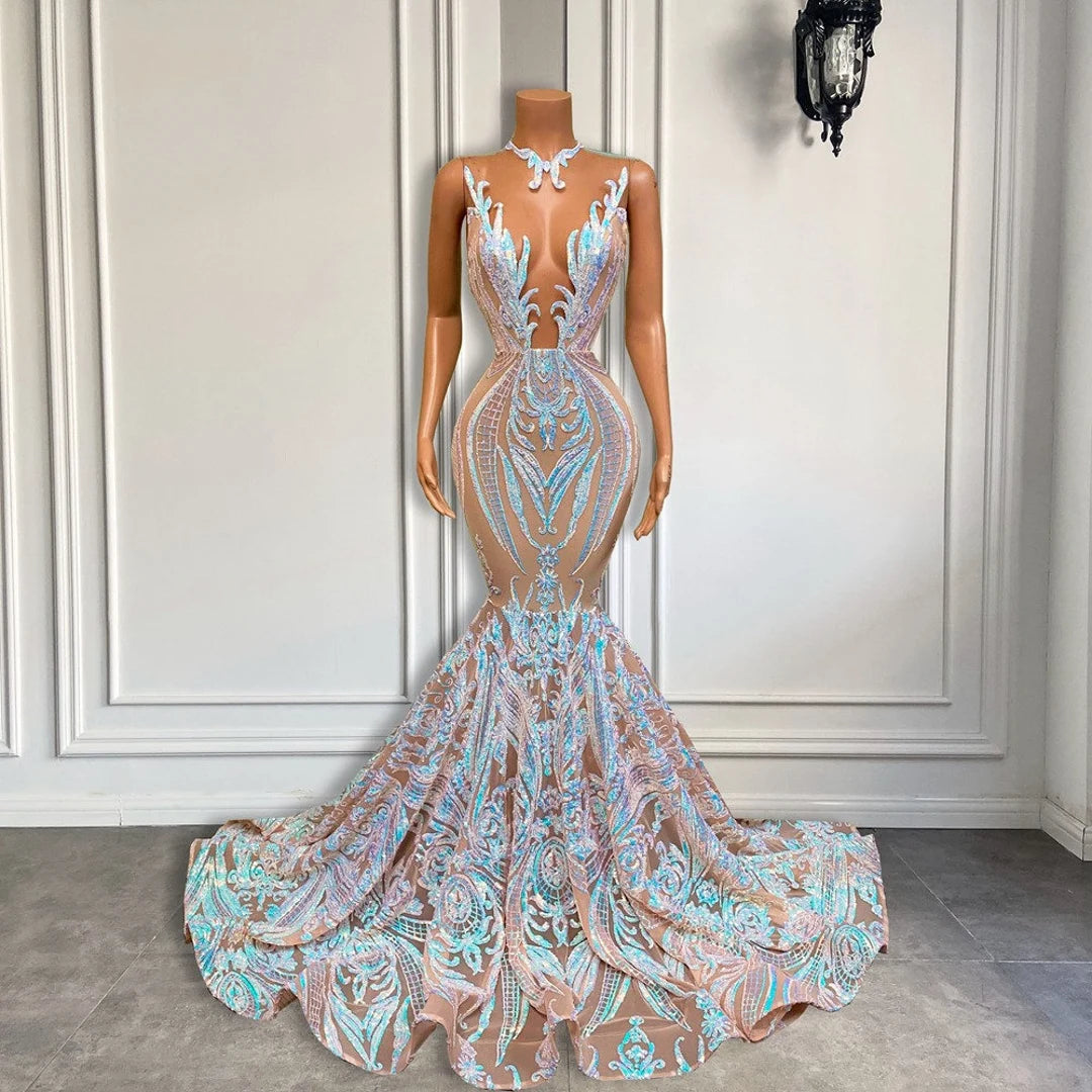 LTP1732, Sparkly Long Prom Dresses 2023 Sheer O-Neck Sleeveless Real Picture Evening Formal Dresses African Black Girls Mermaid Prom Dresses Gala Gowns