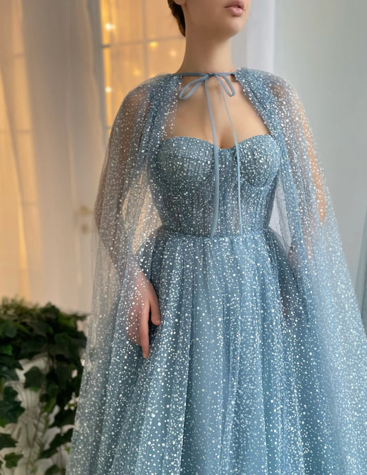 LTP1787,Sky Blue Bots Tulle A-Line Prom Dresses with Cloak