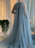 LTP1787,Sky Blue Bots Tulle A-Line Prom Dresses with Cloak