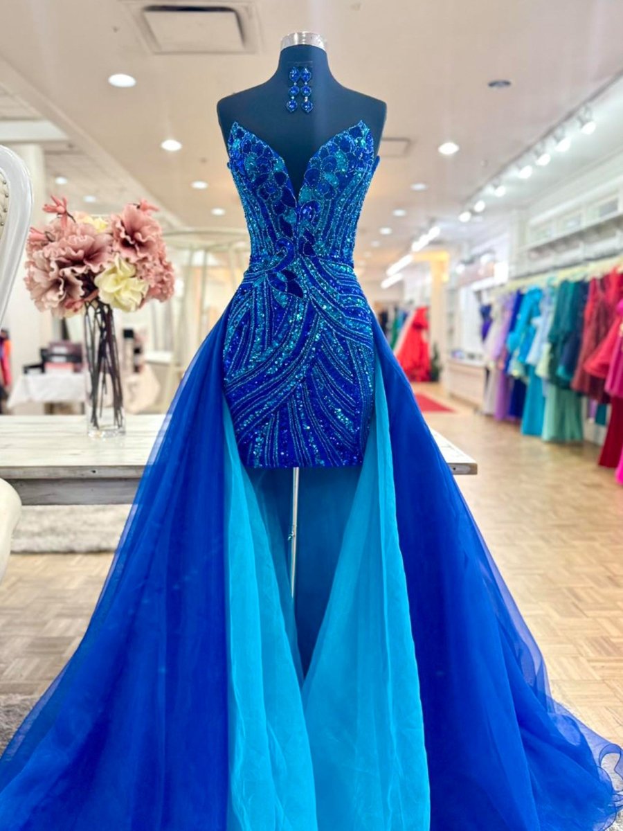 Royal Blue - Sheath V Neck Sequined Mini Party Dresses with Train
