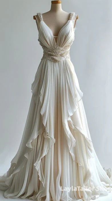 Ivory Beaded A-Line Evening Gown Maxi Long Evening Party Prom Dresses Wedding Dresses With Ruffles,LTP3676