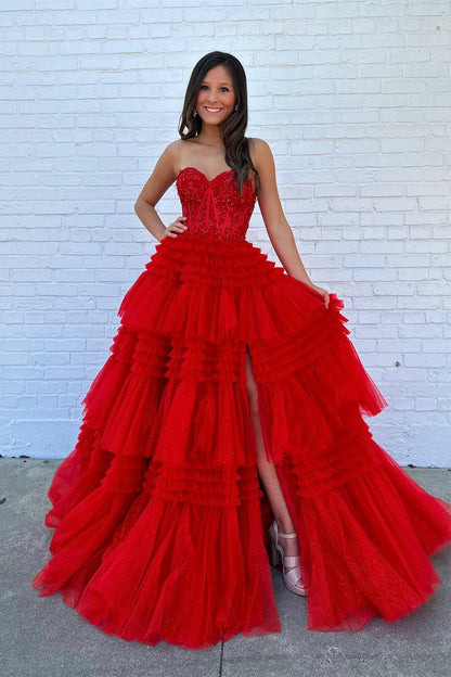 Hot Pink Sweetheart Prom Dress, Fuchsia Tiered Ruffles Evening Gown