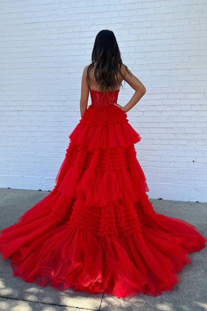 Hot Pink Sweetheart Prom Dress, Fuchsia Tiered Ruffles Evening Gown