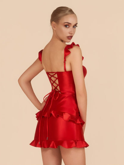 Red - Sweetheart Satin Ruffles Short Homecoming & Cocktail Dresses