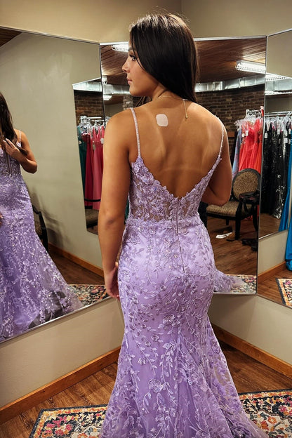 Straps Lavender Lace Appliques Mermaid Long Formal Dress