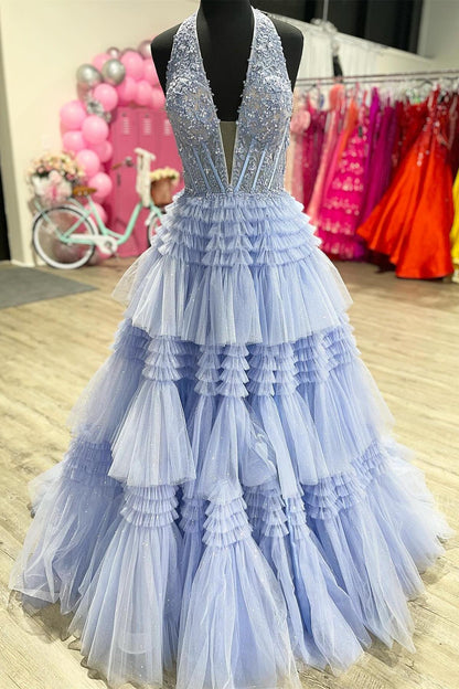 Halter Pink Appliques and Tulle Tiered Formal Dress