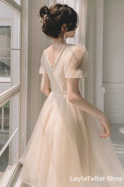 Light Champagne Short Homecoming Dress, Cute Tulle Short Prom Dress