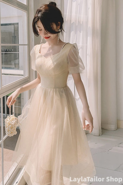 Light Champagne Short Homecoming Dress, Cute Tulle Short Prom Dress