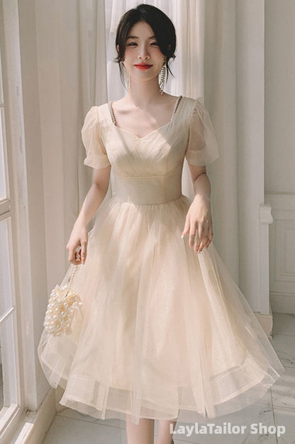 Light Champagne Short Homecoming Dress, Cute Tulle Short Prom Dress